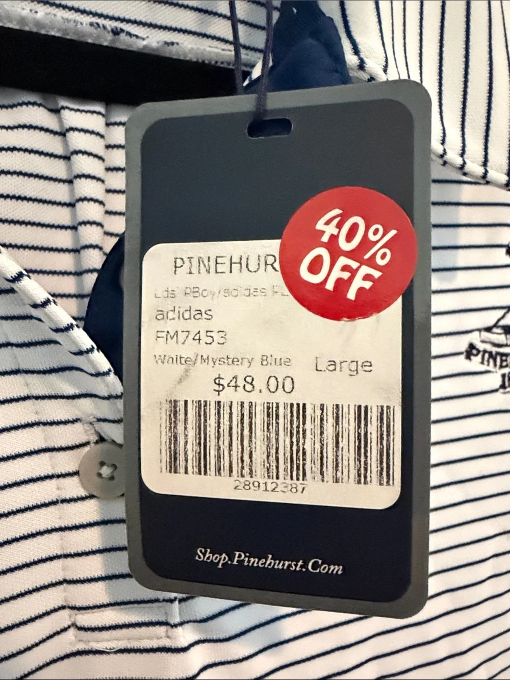 adidas Pinehurst Golf White and Navy Striped Short Sleeve Polo